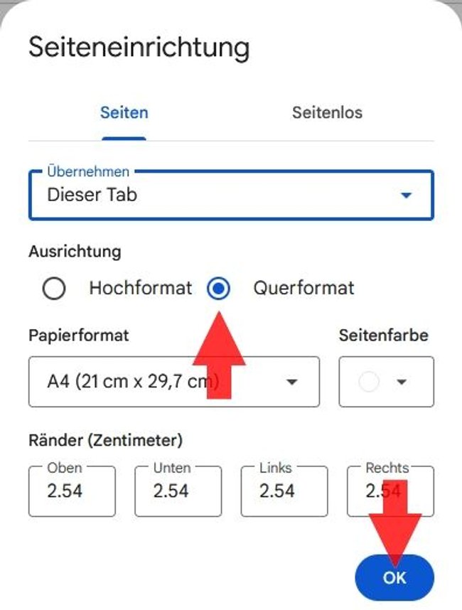 Google Docs Querformat einstellen