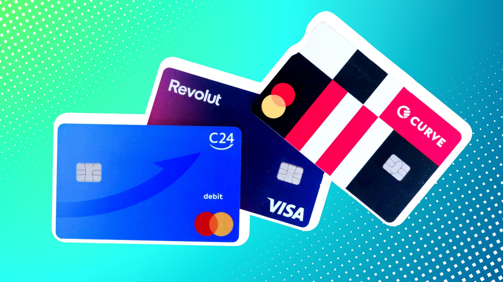 Drei verschiedene Debitkarten. C24, Revolut und Curve.