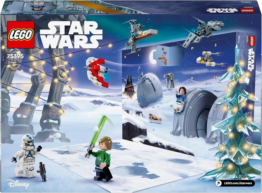 Auf dem Bild sind verschiedene LEGO-Figuren aus dem Star-Wars-Universum in weihnachtlicher Umgebung zu sehen.