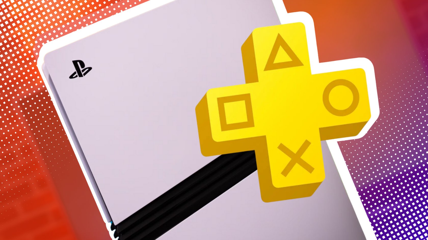 PS5 Pro mit dem PS Plus Logo vor einem roten Hintergrund.