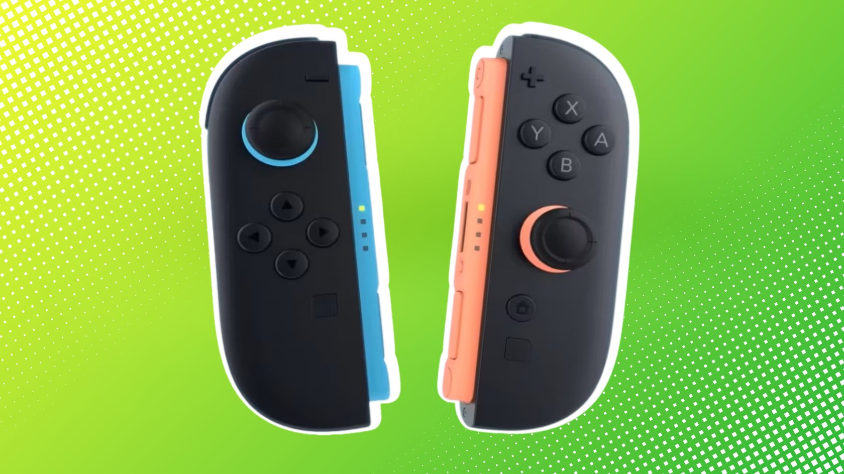 Joy-Cons der Nintendo Switch 2 vor einem grünen Hintergrund. 