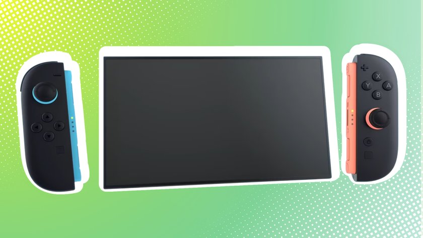 Switch 2 mit abgetrennten Joy-Jons vor einem hellgrünen Hintergrund. 