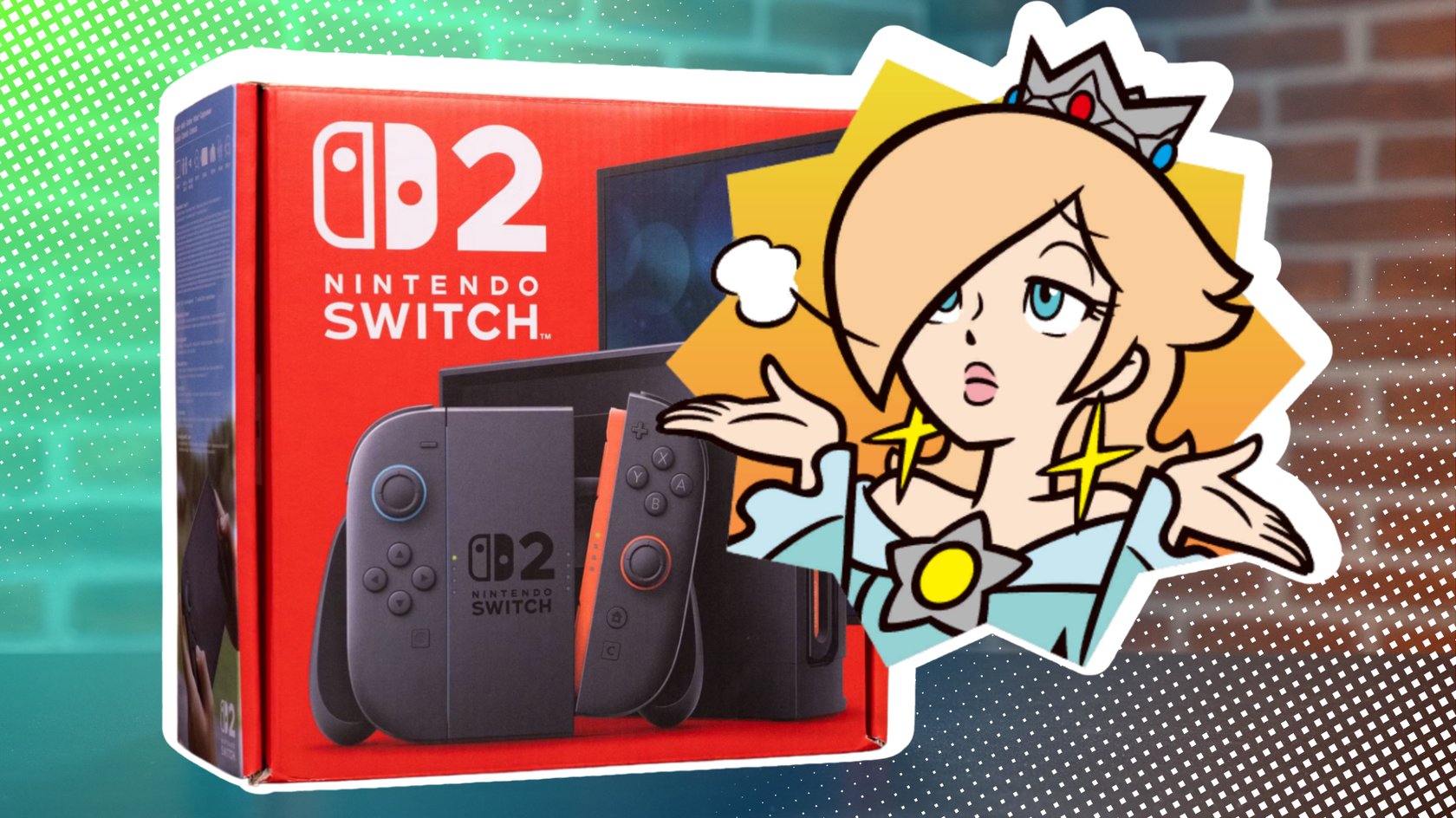 Sticker von Rosalina mit einem gleichgültigen Gesichtsausdruck vor einer Box mit der Nintendo Switch 2.