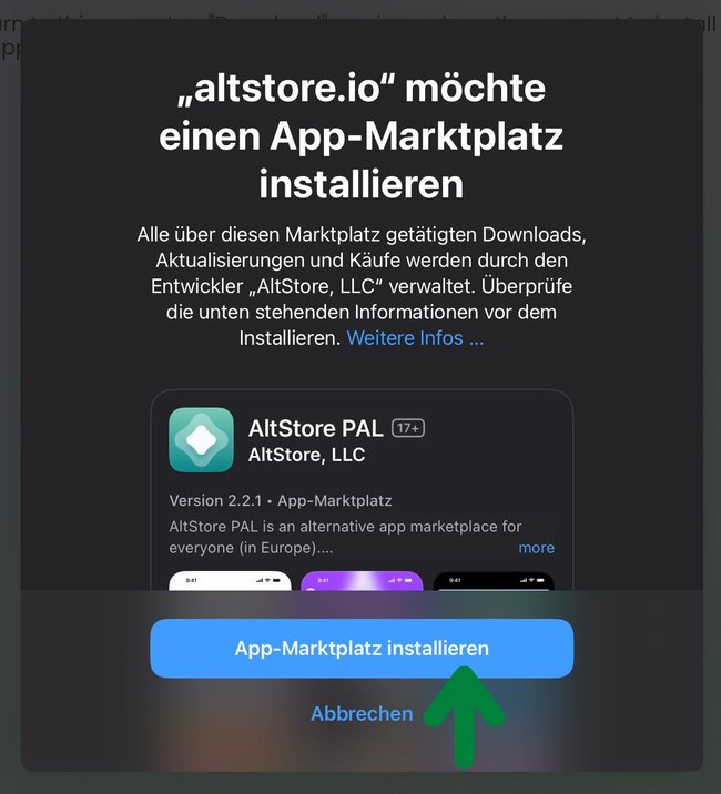 Jetzt solltet ihr die Option "App-Marktplatz installieren" angezeigt bekommen, tippt darauf, um den alternativen App-Store zu installieren.
