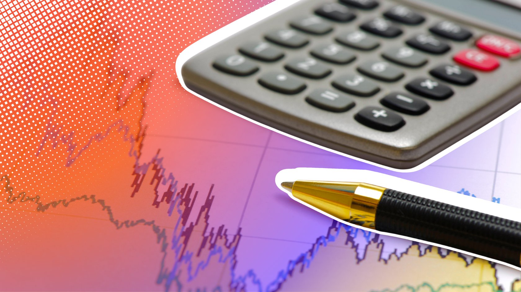 Taschenrechner und Kugelschreiber auf einer Unterlage, auf der ein Preisverlauf als Diagramm zu sehen ist 