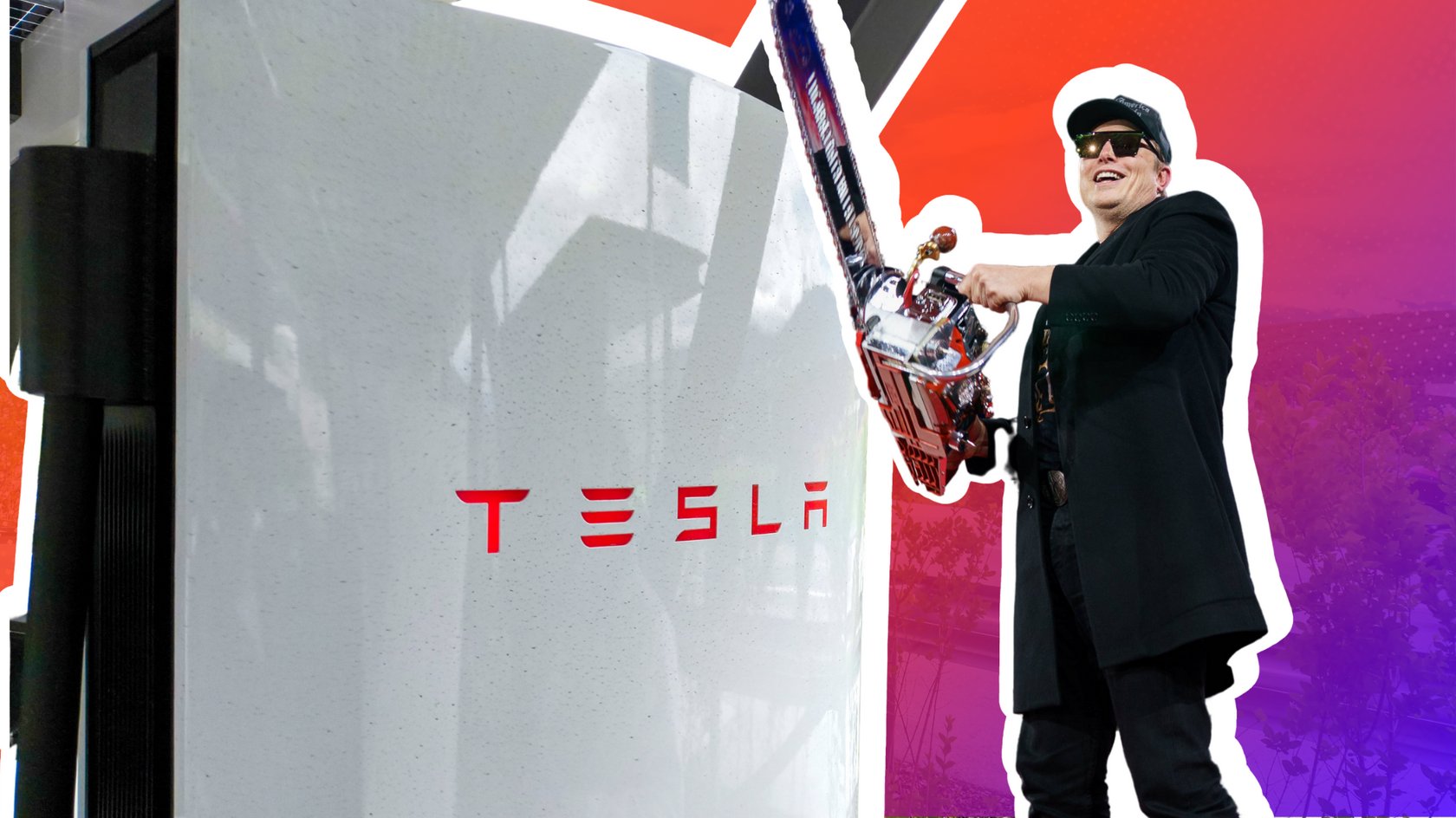 Elon Musk mit Kettensäge vor Tesla Supercharger – bearbeitet