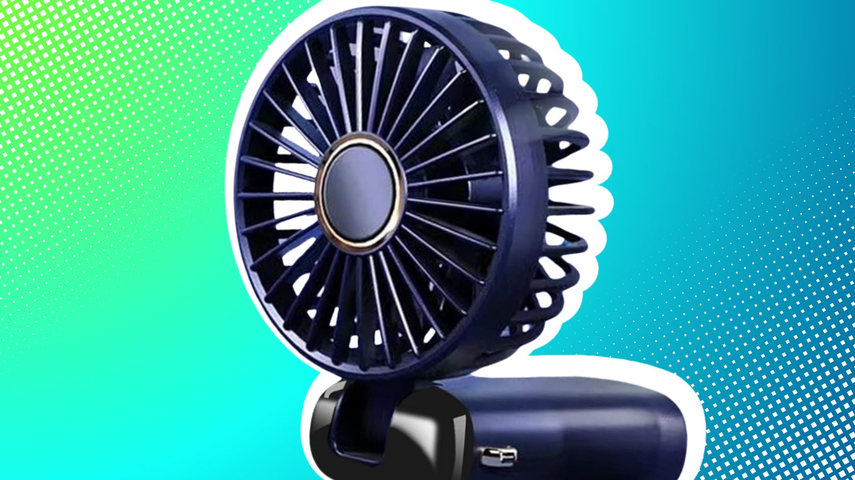 Handventilator von Jsdoin eingeklappt, vor einem blauen Hintergrund. 