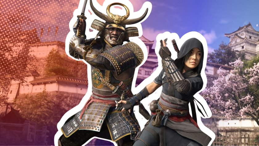 Ein Samurai und ein Ninja in dynamischer Kampfpose vor traditioneller japanischer Architektur und Kirschblüten.