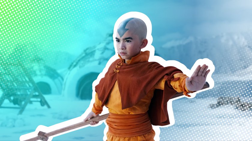 Aang der mit ausgestrecktem Arm beim südlichen Wasserstamm steht