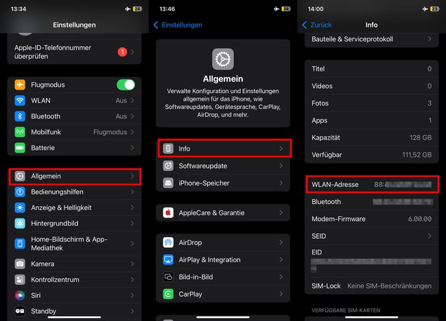 Hier seht ihr die MAC-Adresse eures iPhones.