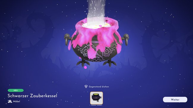 Schwarzer Zauberkessel als Belohnung für Rätsel 4 beim schwebenden Spukfest in Disney Dreamlight Valley