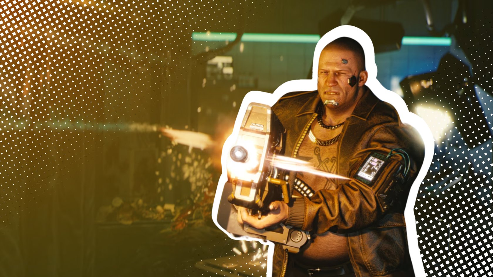 Ein männlicher Charakter in Cyberpunk 2077 mit einer Waffe in der Hand.