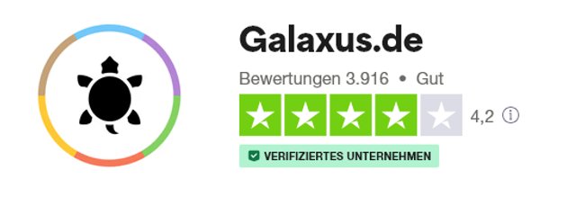 Logo von Galaxus.de mit einer Bewertung von 4,2 von 5 Sternen auf der Plattform Trustpilot. Es sind 3.916 Bewertungen vorhanden, und das Unternehmen ist als "Verifiziertes Unternehmen" gekennzeichnet. Links befindet sich das Logo einer Schildkröte, umrahmt von einem bunten Kreis.