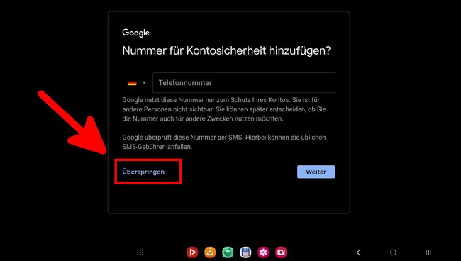 Bei der Konto-Erstellung über Gmail kann man die Angabe der Telefonnummer überspringen.