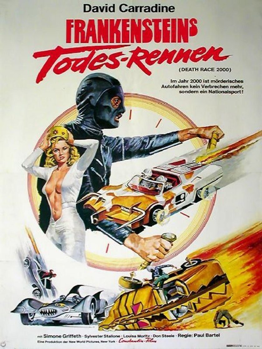 Filmplakat des Films „Frankensteins Todes-Rennen“ (Death Race 2000). Im oberen Bereich steht der  Filmtitel in roten, markanten Buchstaben. Rechts daneben der Text: „Im Jahr 2000 ist mörderisches Autofahren kein Verbrechen mehr, sondern ein Nationalsport!“. Im Zentrum des Plakats ist eine dynamische Illustration mit einem schwarzen, maskierten Fahrer in Rennkleidung, der einen gelben Blitz in der Hand hält. Vor ihm ein Rennwagen mit der Nummer 9.
