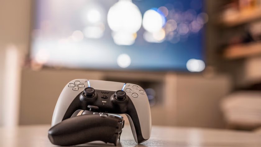 Controller auf einem Couchtisch vor einem Fernseher.