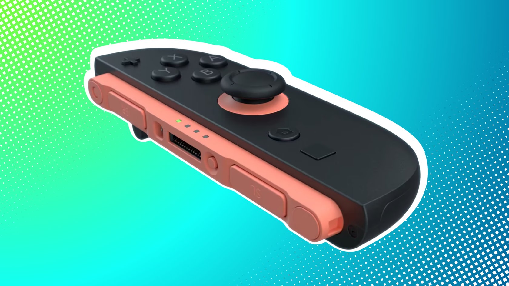 Roter Joy-Con der Switch 2 vor einem blaugrünen Hintergrund.