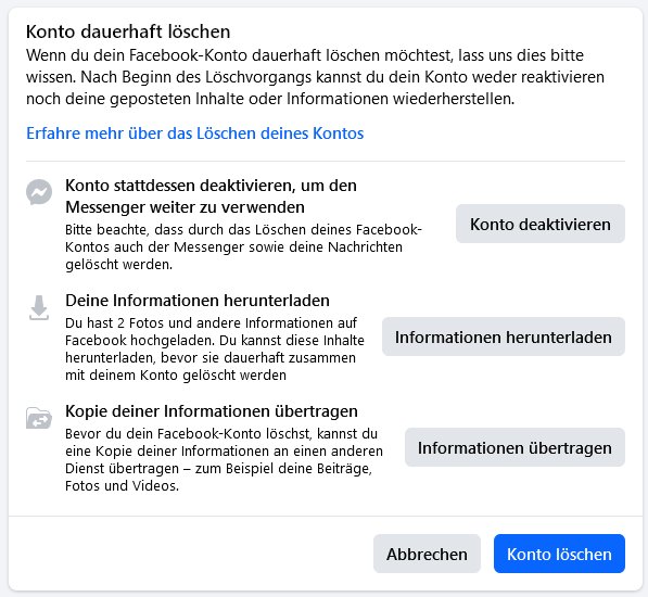 Screenshot des Facebook-Dialogs, in dem man das Konto deaktivieren kann.