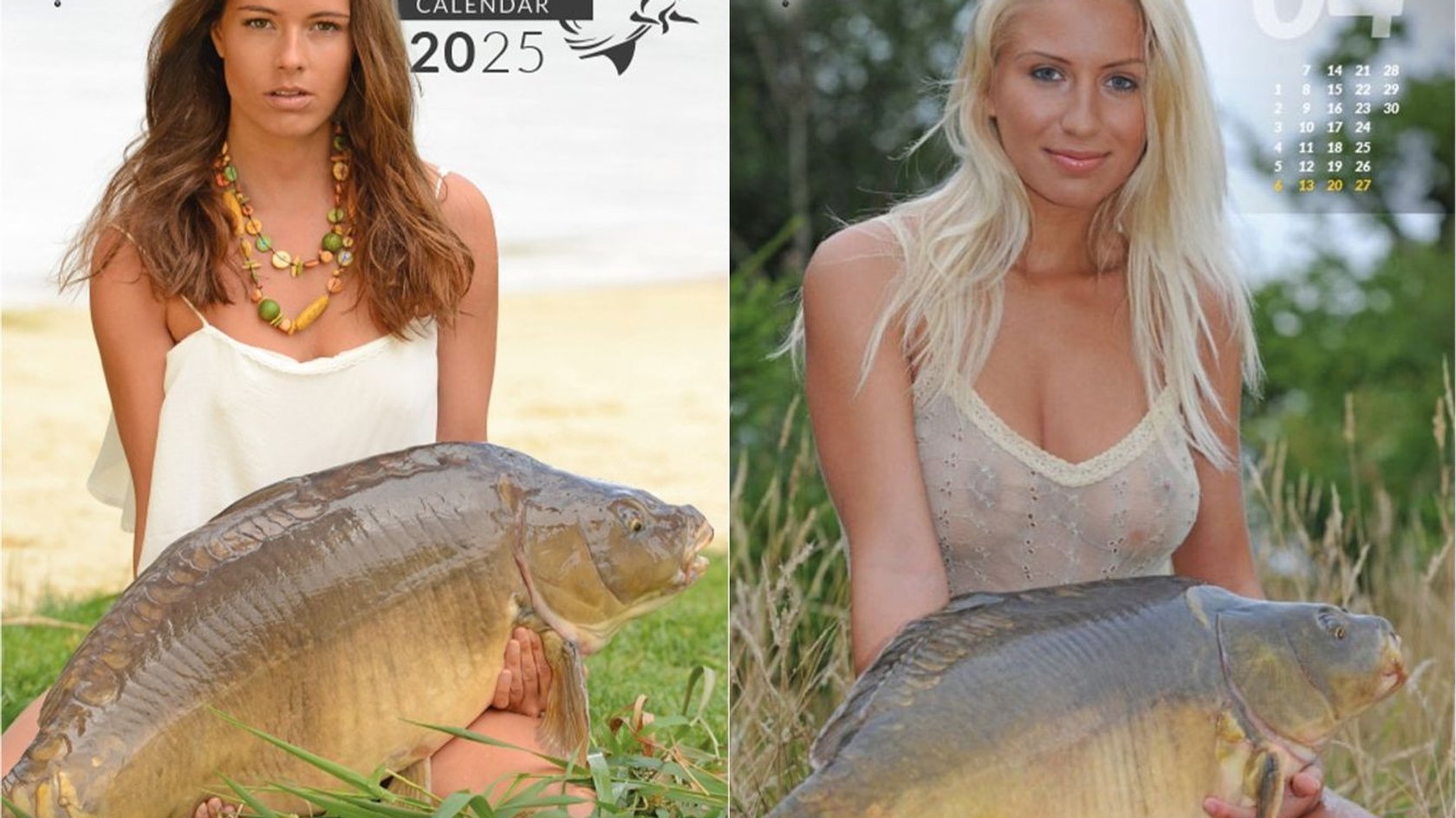 Zwei Kalenderbilder aus dem "Carp Calendar 2025", auf denen jeweils eine Frau mit einem grossen Karpfen zu sehen ist. Links sitzt eine Frau mit braunen Haaren und einem weissen Oberteil an einem Strand, während sie einen Karpfen hält. Rechts sitzt eine blonde Frau in einem transparenten, ärmellosen Oberteil auf einer Wiese und hält ebenfalls einen grossen Karpfen. Beide Bilder sind mit dekorativen Elementen und Kalendariumszahlen gestaltet.