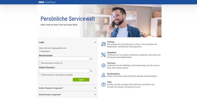 Screenshot der Login-Seite von GMX FreePhone mit dem Titel "Persönliche Servicewelt" und dem Untertitel "Alles rund um Ihren Tarif auf einen Blick". Links befindet sich ein Login-Formular mit Eingabefeldern für Benutzername und Online-Passwort.