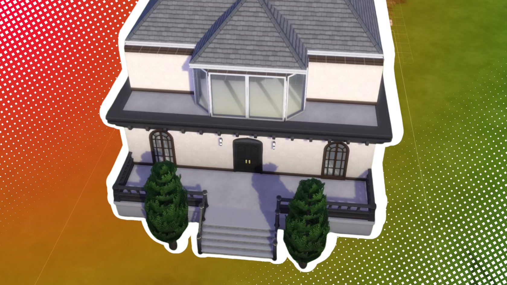 Digitales Bild eines zweistöckigen Gebäudes mit hellen Wänden und einem grauen Satteldach. Das Haus hat eine zentrale Eingangstreppe mit zwei symmetrisch angeordneten Bäumen davor. Grosse Fenster und ein Balkon sind sichtbar. Der Hintergrund ist ein Farbverlauf von Rot zu Grün mit einem Punktmuster.