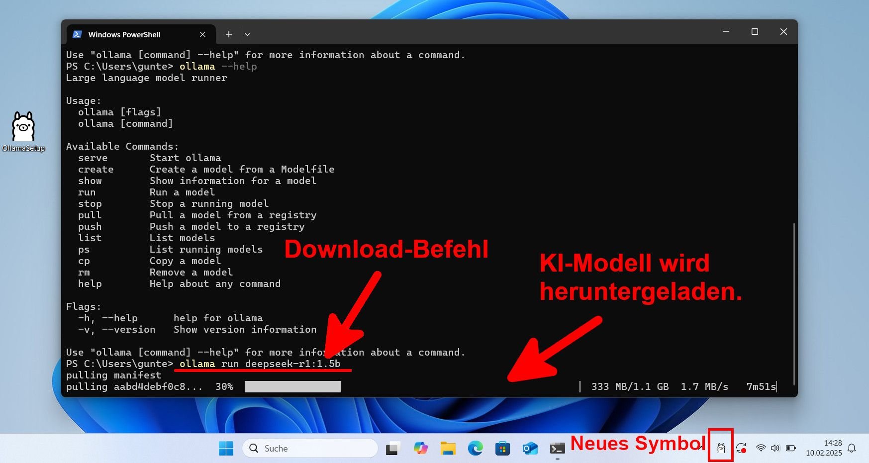 Terminal-Fenster mit Ollama-Download-Befehl eines KI-Modells.