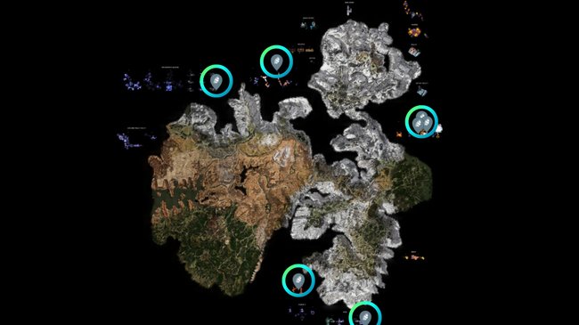 Karte der Spielwelt aus „Horizon Zero Dawn“ mit verschiedenen Landschaftszonen, darunter schneebedeckte Gebirge und trockene Wüstenregionen. Mehrere Symbole in Form von blauen Kreisen mit weissen Icons sind auf der Karte verteilt und markieren spezifische Punkte von Interesse. Der Hintergrund ist schwarz, wodurch die Karte hervorsticht.