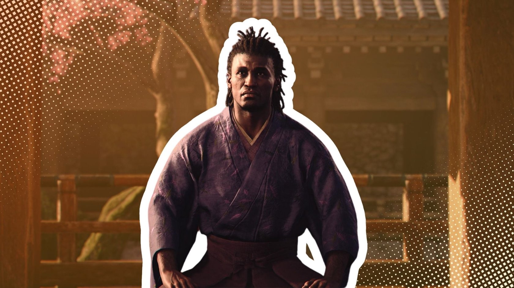 Das Bild zeigt Yasuke. Er trägt ein lila Gewand und sitzt im Schneidersitz. Er ist weiß rumrandet und hervorgehoben.