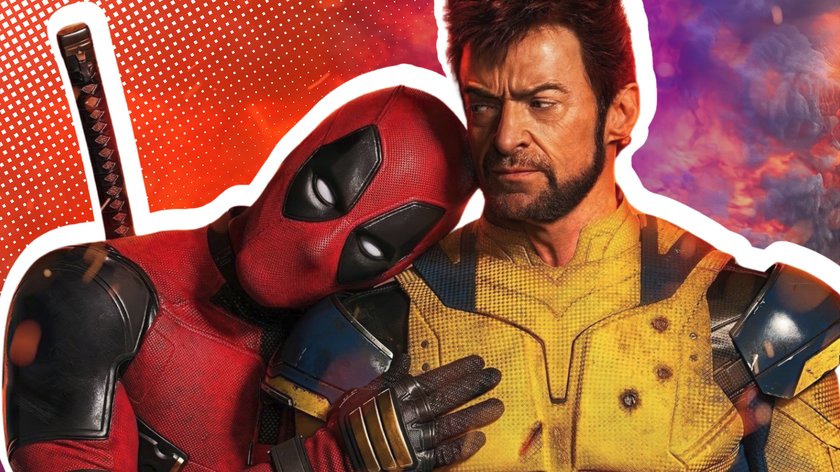 Die beiden Marvel-Superhelden Deadpool und Wolverine stehen zusammen vor einem lodernden Feuer. Deadpool lehnt sich liebevoll an die Schulter von Wolverine.