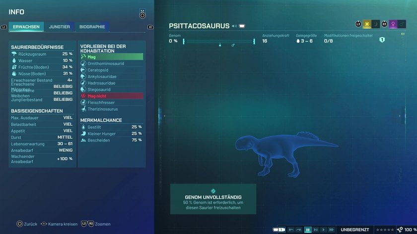 Infos zum Psittacosaurus Pflanzenfresser-Dino in Jurassic World Evolution 3