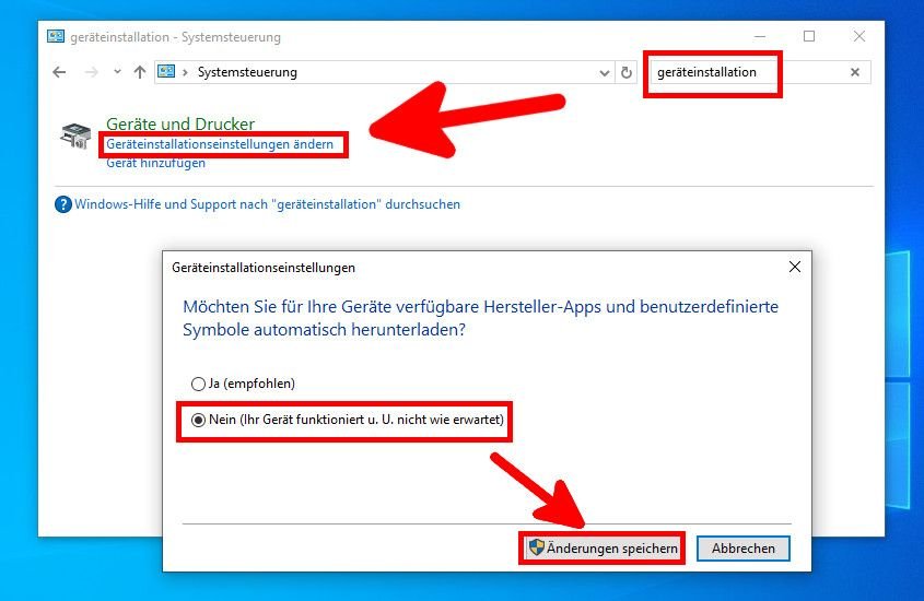 Windows: Abrufen von Hersteller-Apps aus dem Internet deaktivieren.