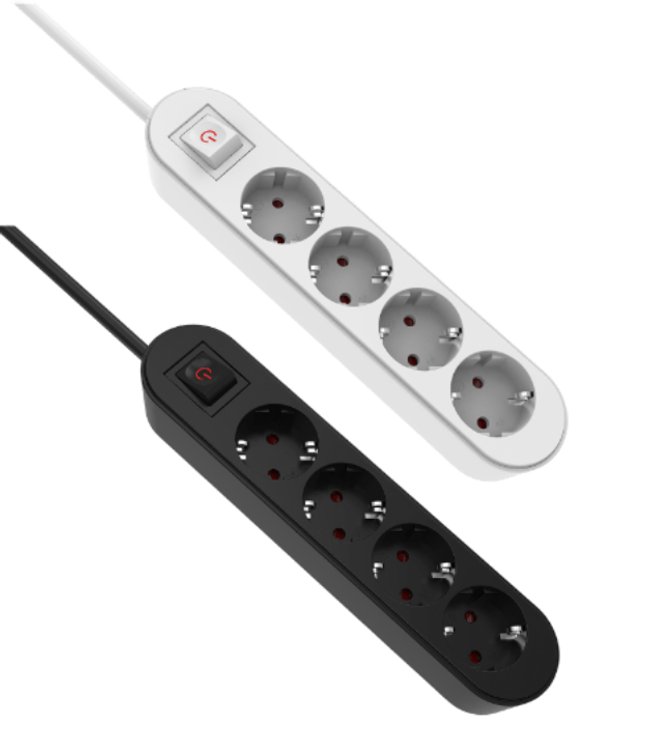 4-fach-Steckdosenleiste bei Aldi Nord in schwarz und weiß/silberfarben.