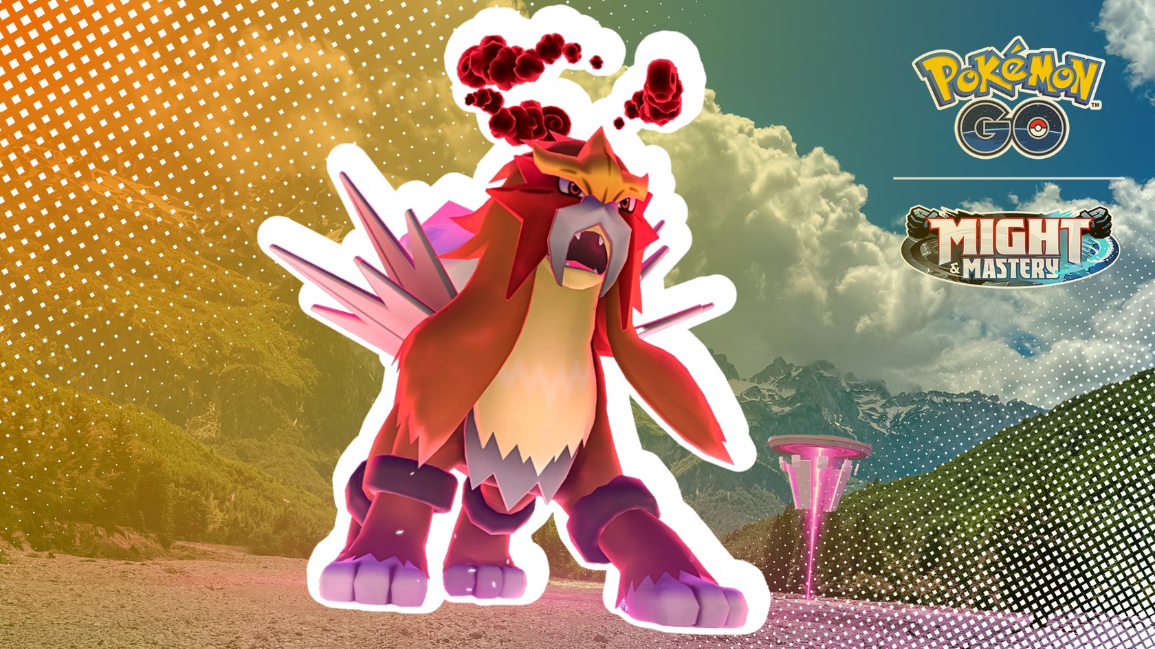 Illustration des legendären Pokémon Entei mit lodernden Schattenwolken über dem Kopf, im Stil von Pokémon GO. Im Hintergrund ist eine Gebirgslandschaft mit einem PokéStop und bewölktem Himmel zu sehen. Oben rechts be
