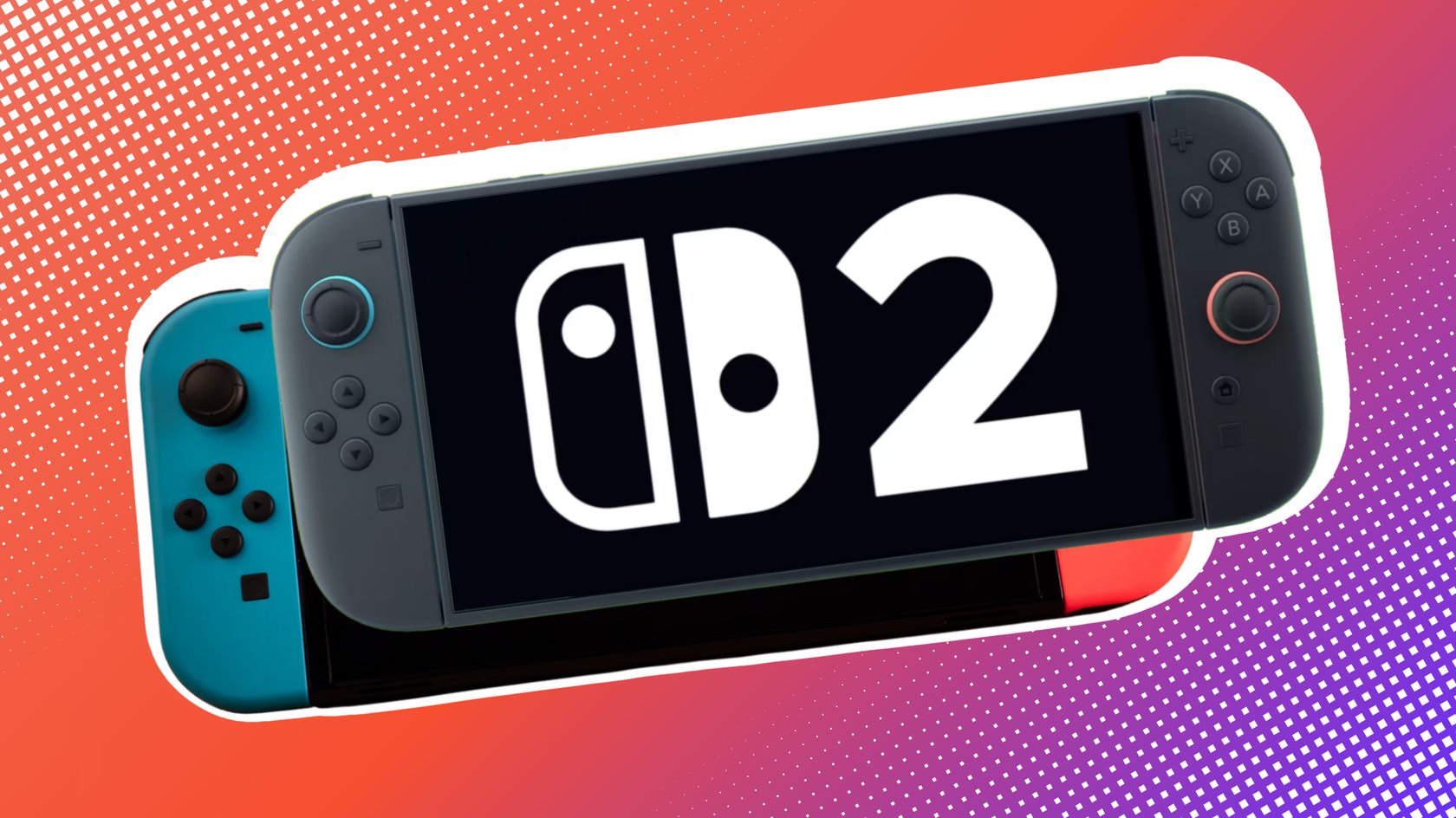 Nintendo Switch 2 vor einer Switch 1 vor einem roten Hintergrund.
