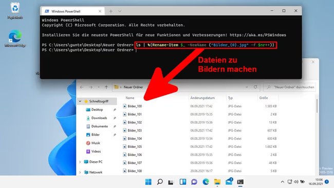 Geöffnetes Terminal-Fenster mit Befehl und Schriftzug „Dateien zu Bildern machen“.