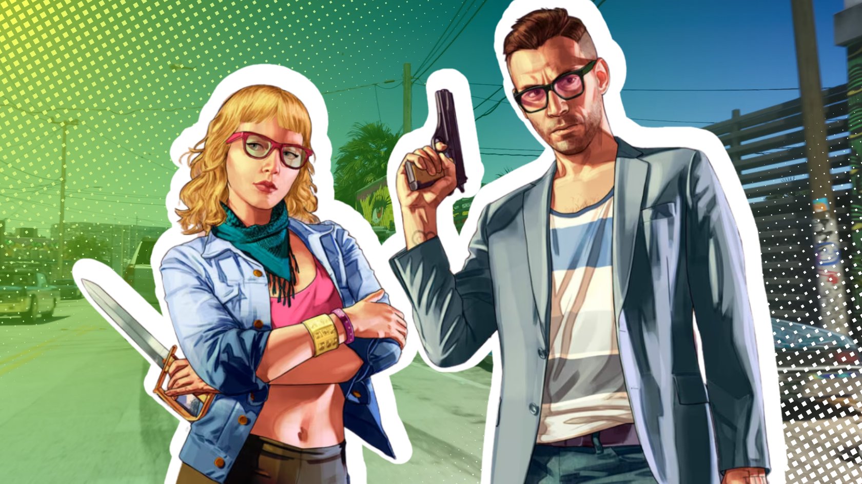 Ein Mann und eine Frau aus GTA Online bewaffnet mit Messer und Pistole vor einem Screenshot aus GTA 6, der eine Straße mit Autos zeigt.