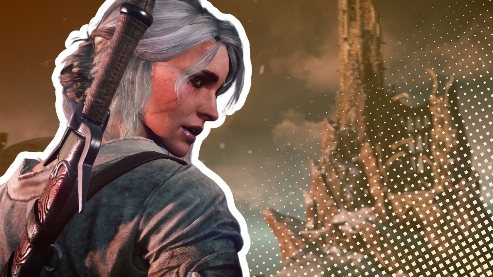 Das Bild zeigt Ciri aus The Witcher 3. Sie steht mit dem Rücken zur Kamera und schaut über ihre rechte Schulter. Sie ist weiß hervorgehoben.