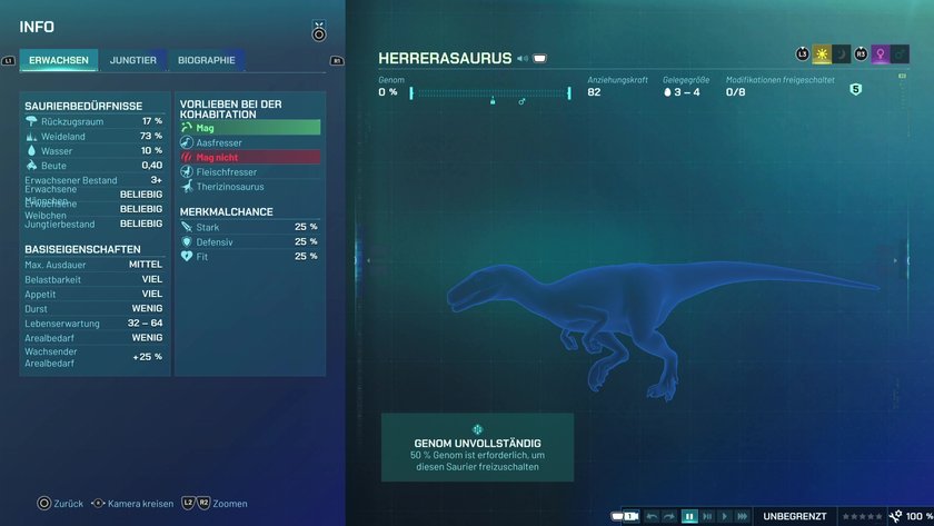 Infos zum Herrerasaurus Fleischfresser-Dino in Jurassic World Evolution 3