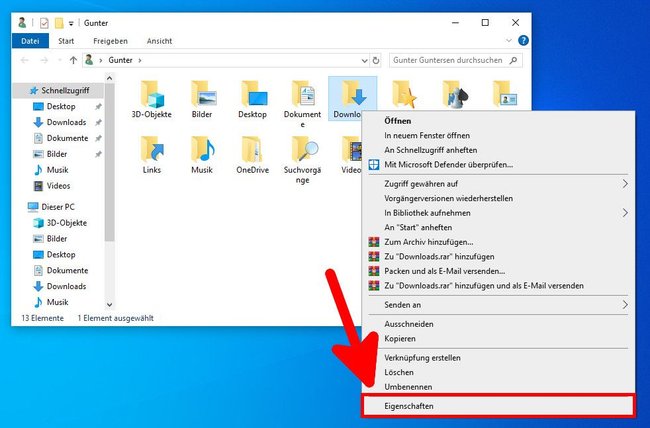 Wählt im Kontextmenü des Ordners „Eigenschaften“ aus.
