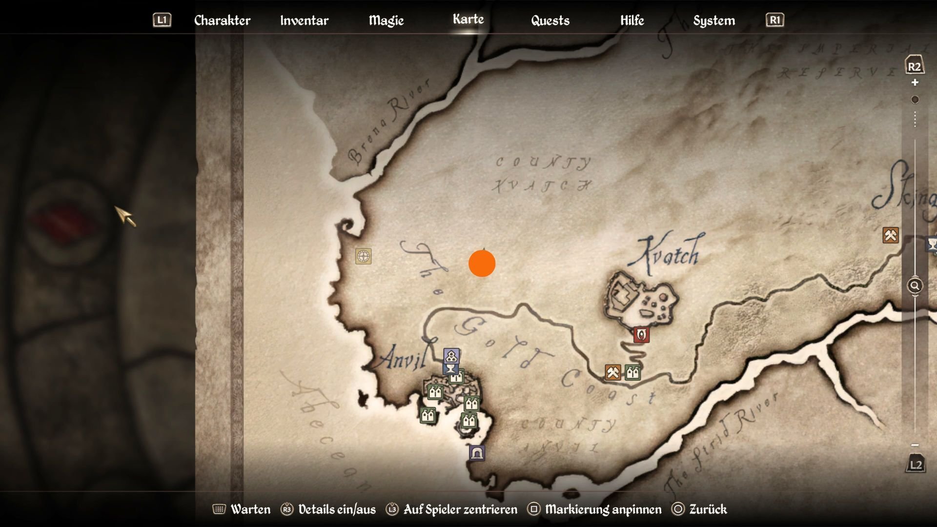 Fundort des Wegschreins Arkay markiert mit einem orangen Punkt auf der Karte von Oblivion Remastered