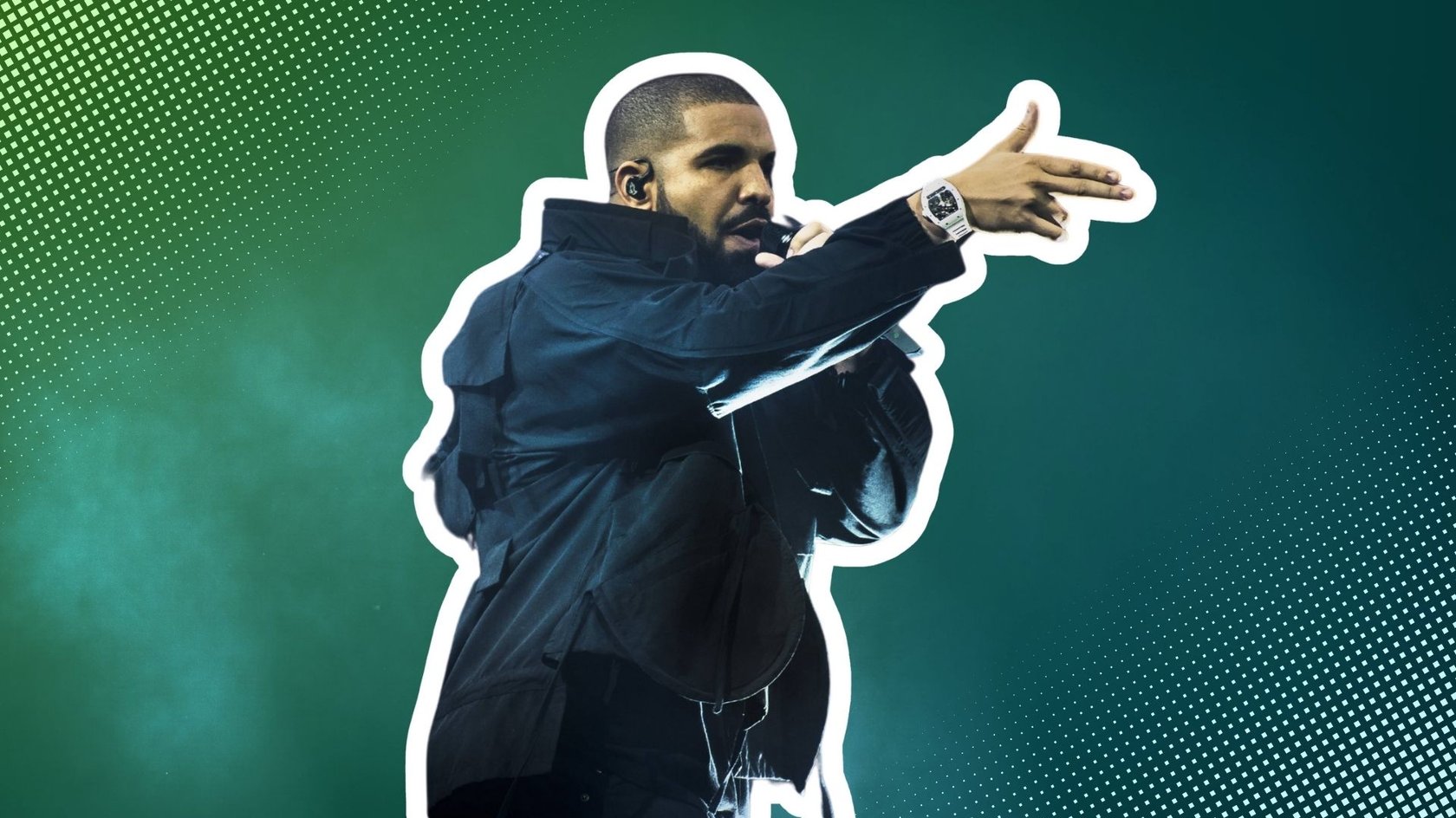 Das Bild zeigt Drake auf der Bühne. Er ist weiß umrandet.