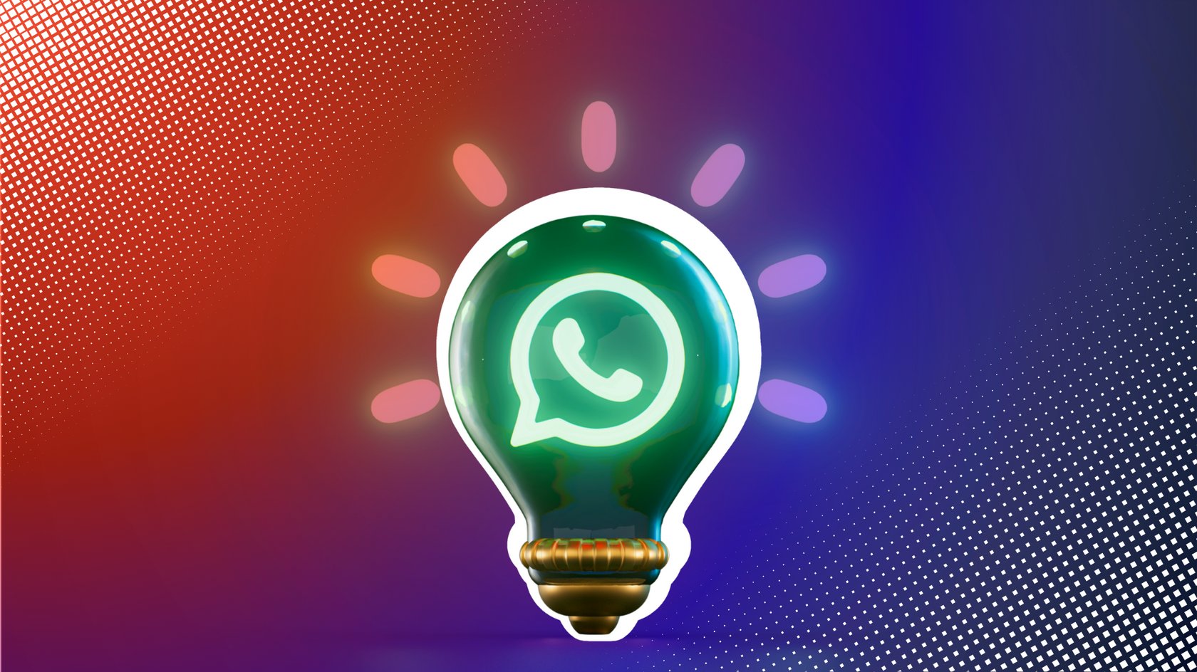 Illustration einer Glühbirne mit dem WhatsApp-Logo im Inneren, umgeben von Lichtpunkten, vor einem dunkelblauen Hintergrund.