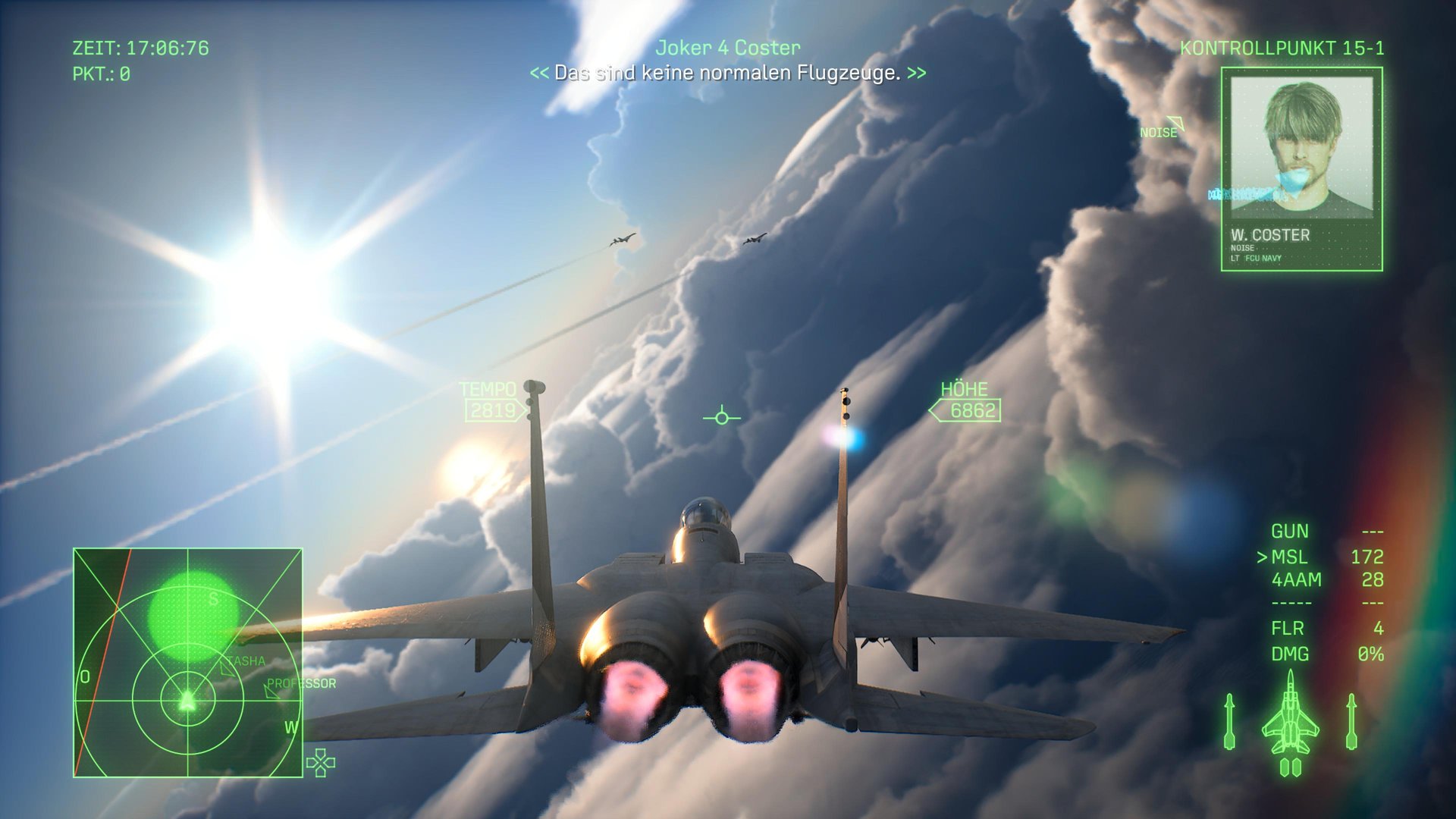 A fighter jet perspective from a video game. The plane flies through a dramatic cloudscape under bright sunshine. Various HUD elements can be seen on the screen, including time, package count, speed, altitude, a radar, ammunition indicators, and an image of a pilot named W. Coster. Two more planes can be seen in the distance.