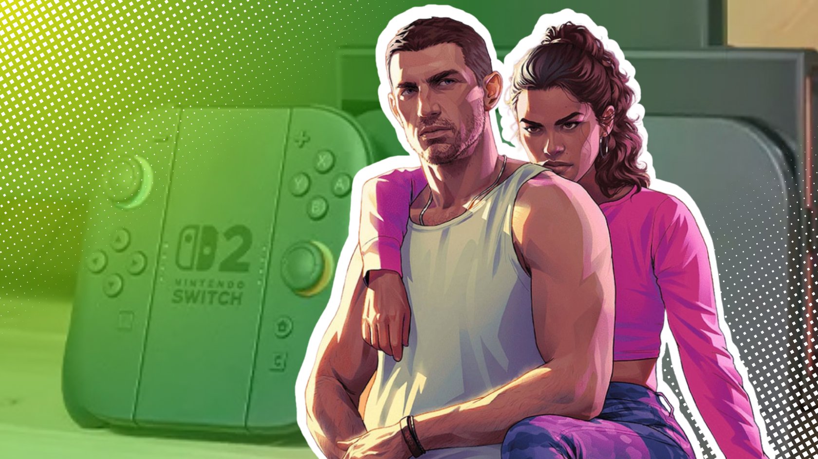 Jason und Lucia aus GTA vor einer Nintendo Switch 2, die vor einem Fernseher steht.