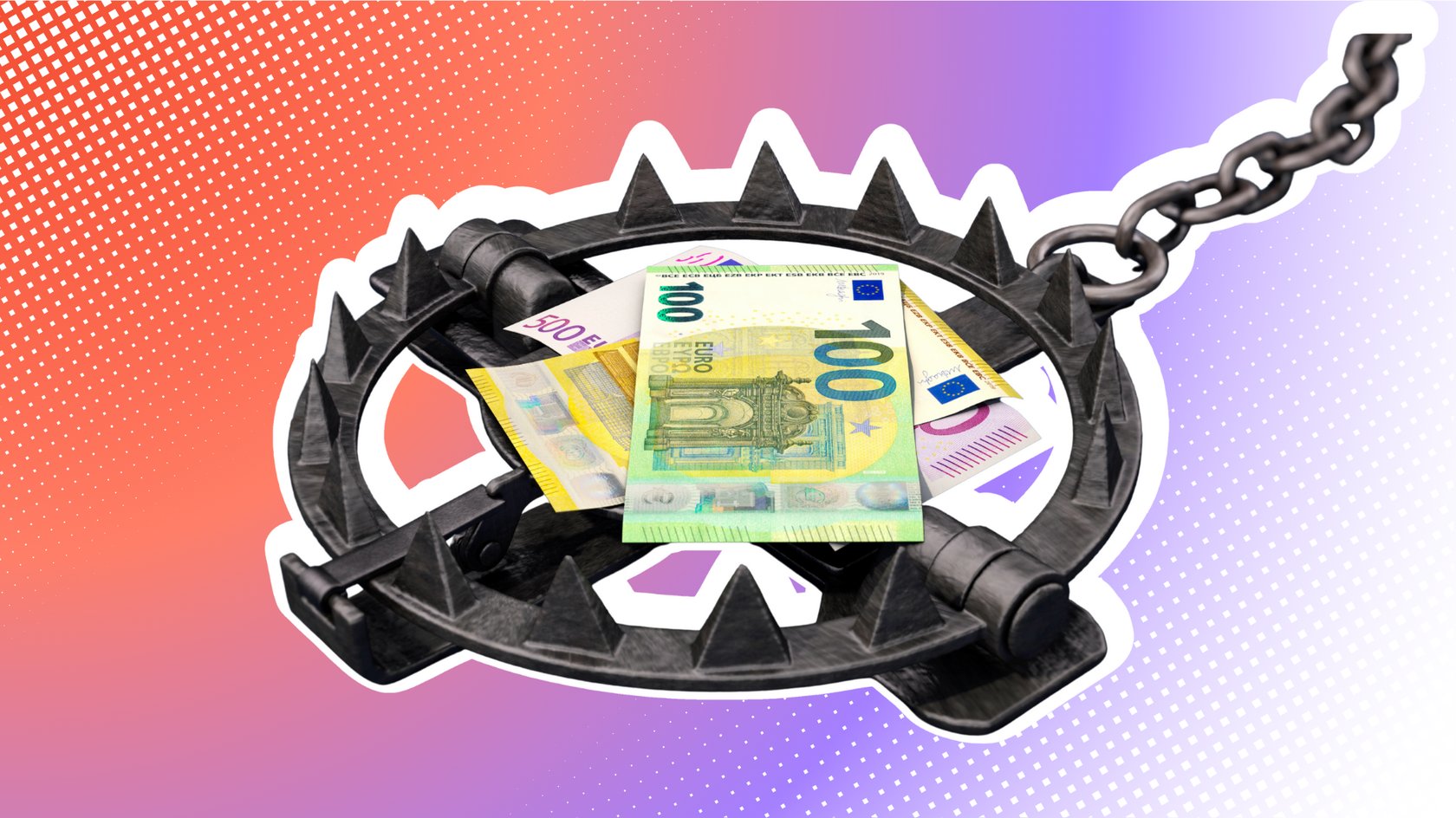 Eine Bärenfalle aus Metall mit Euro-Banknoten (100 und 500) darin, auf blauem Hintergrund.