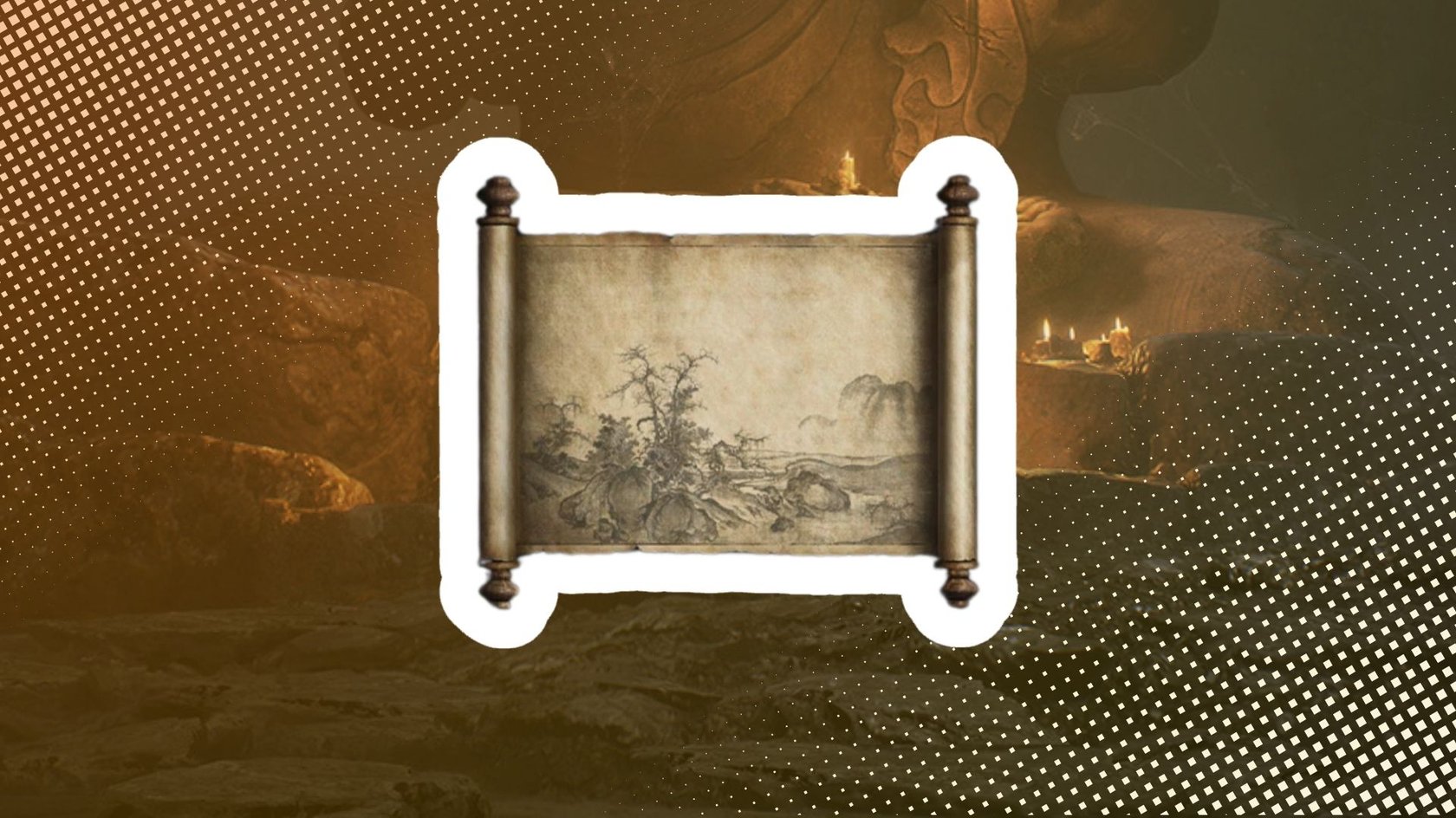 Illustration einer alten, leicht vergilbten Schriftrolle mit Holzgriffen an beiden Enden. Auf der entrollten Fläche ist eine schwarz-weiße Zeichnung einer felsigen Landschaft mit kahlen Bäumen und Hügeln zu sehen. Der Hintergrund zeigt eine dunkle, mystisch beleuchtete Szene mit Kerzen und Felsen, stilisiert durch ein Punktmuster in Braun- und Goldtönen.  
