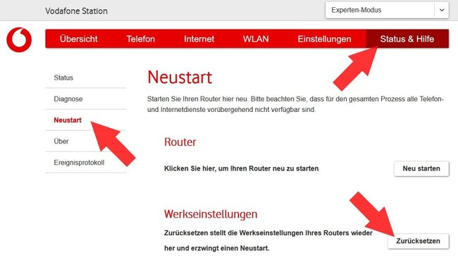 Oberfläche der Vodafone Station mit dem Weg zum Reset auf die Werkseinstellungen