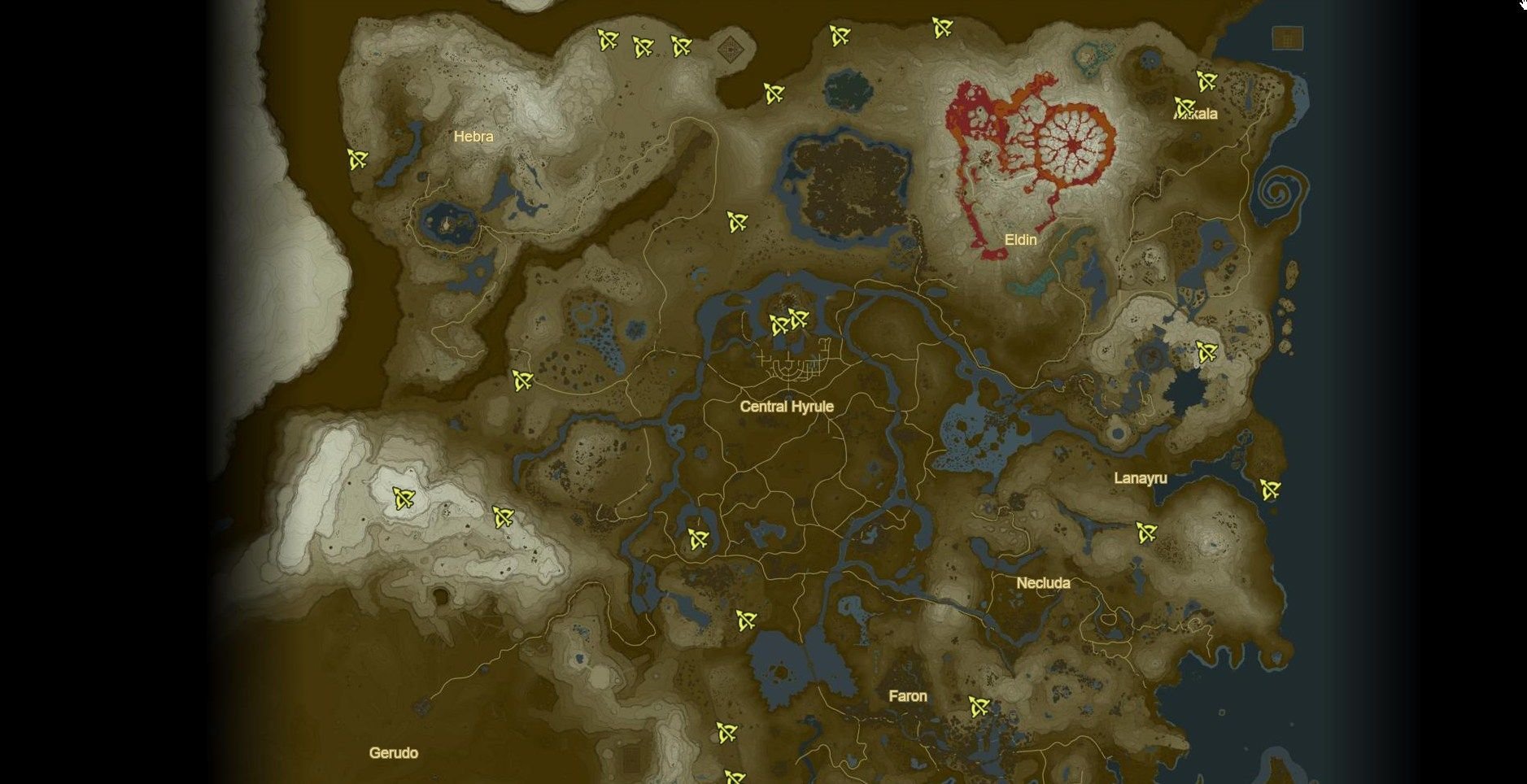Karte aus dem Videospiel „The Legend of Zelda: Breath of the Wild“, die die Welt von Hyrule zeigt. Verschiedene Regionen wie Hebra, Eldin, Central Hyrule, Gerudo, Lanayru, Faron und Necluda sind beschriftet. Gelbe Symbole in Form von Sternen markieren bestimmte Punkte auf der Karte, möglicherweise Orte von Interesse oder Missionsziele. Die Karte ist in braunen und beigen Farbtönen gehalten, mit blauen Akzenten für Gewässer und roten Bereichen für die Eldin-Region.