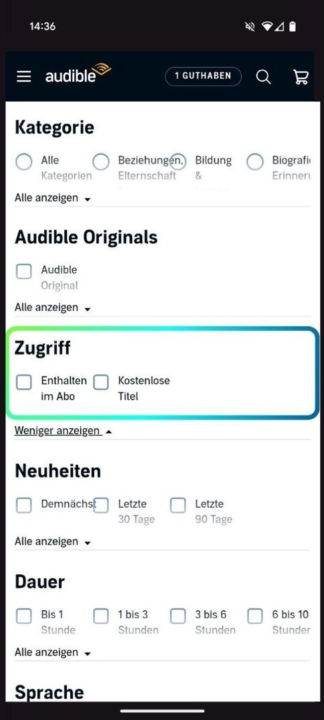 Filter in Audible für kostenlose Hörbücher