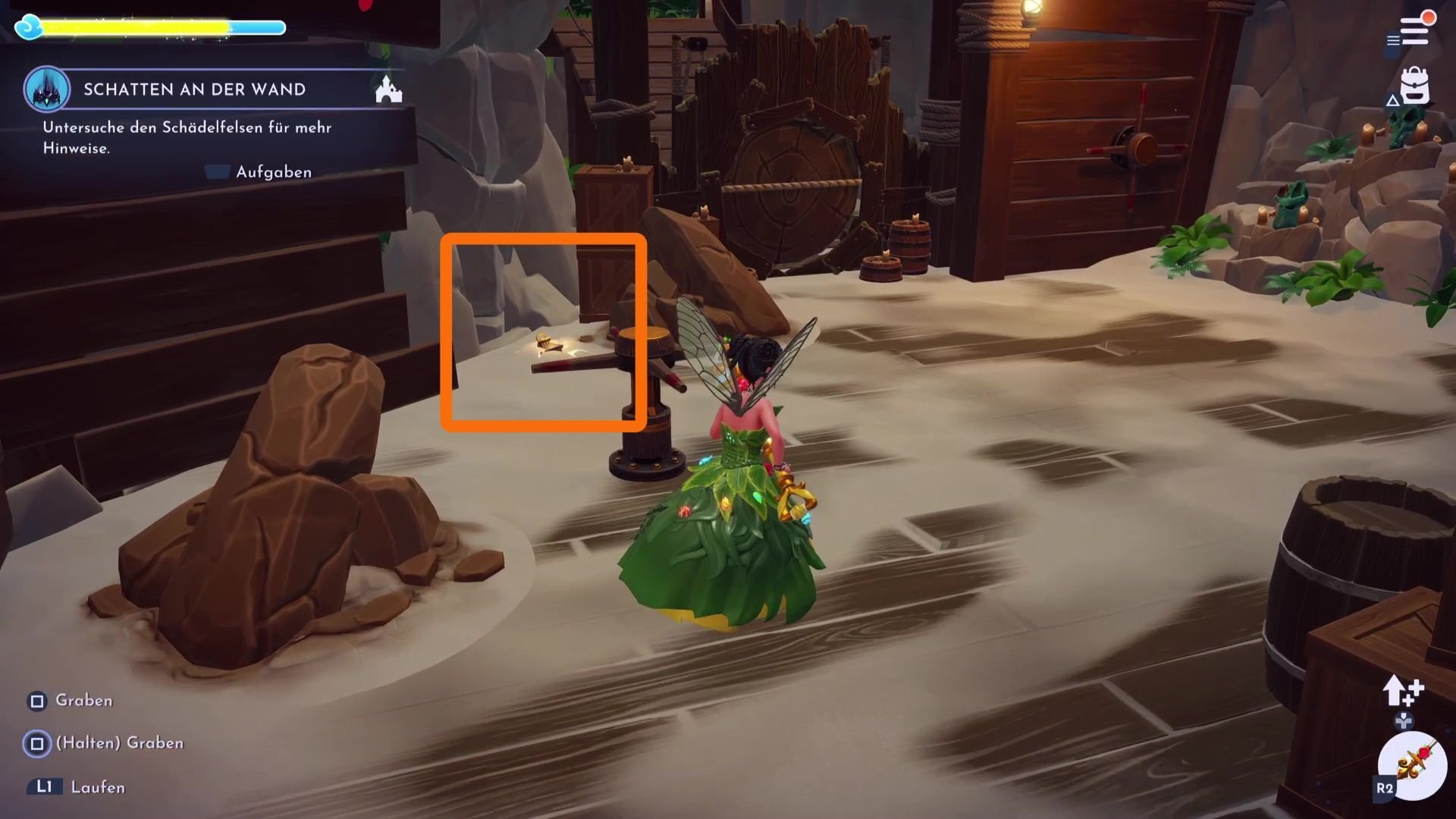 Fundort der ersten vergrabenen Laterne in der Mission Schatten an der Wand in Disney Dreamlight Valley